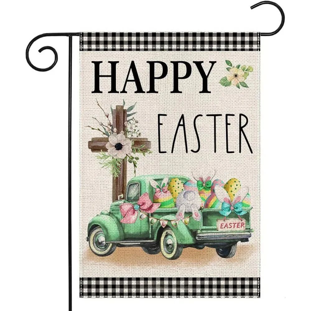 Happy Easter Garden Flag 12X18 Inch Double Sided Buffalo Plaid with Truck Cross